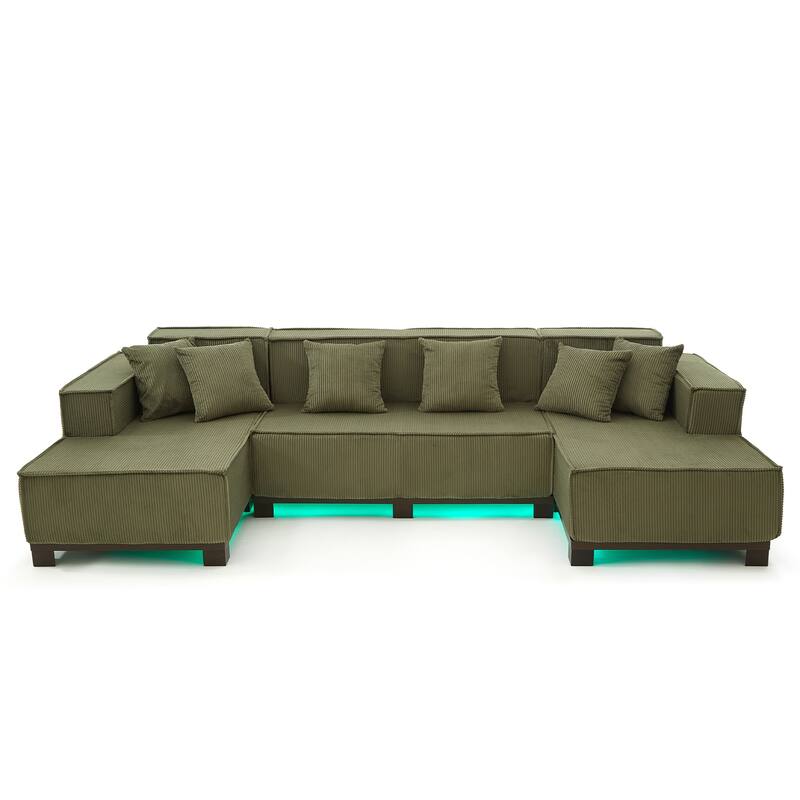 Modern U-Shaped Sectional Sofa Set Stripe Corduroy Upholstered Sofa with Light Strip and 6 Pillows