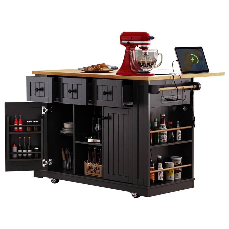 53inch Large Kitchen Island with Drop Leaf,Door Internal Storage Rack, Rolling Kitchen cart on 5 Wheels with 5 Open Side Racks
