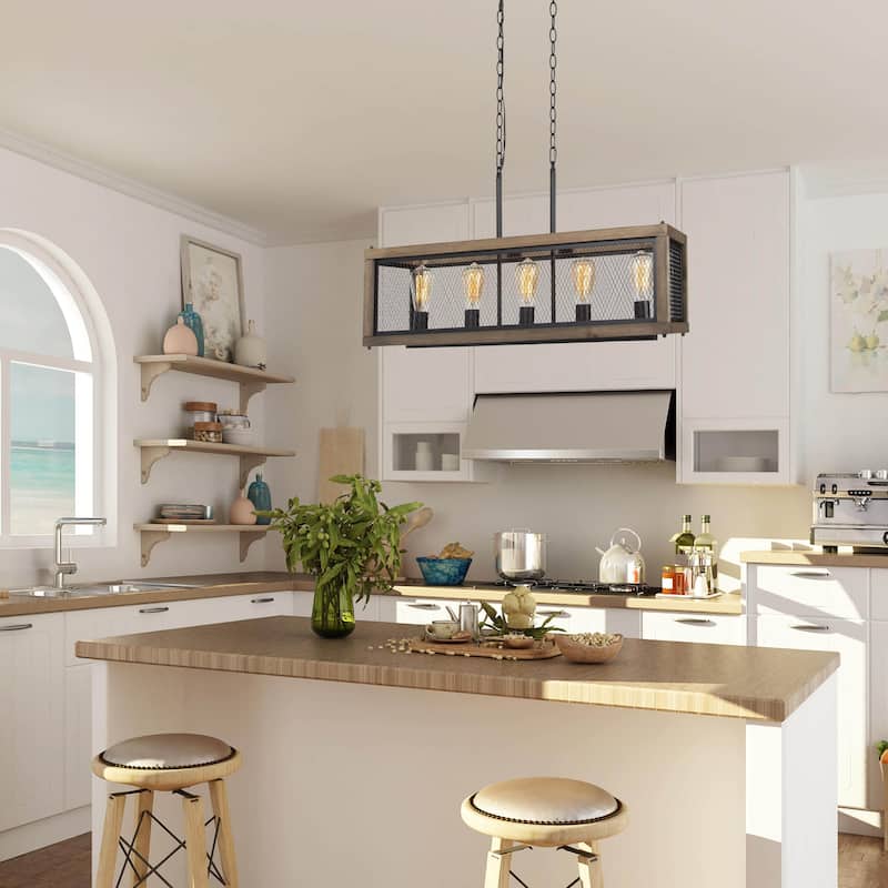 Farmhouse 5-Light Wood Rectangle Chandelier for Kitchen Island Dining Room