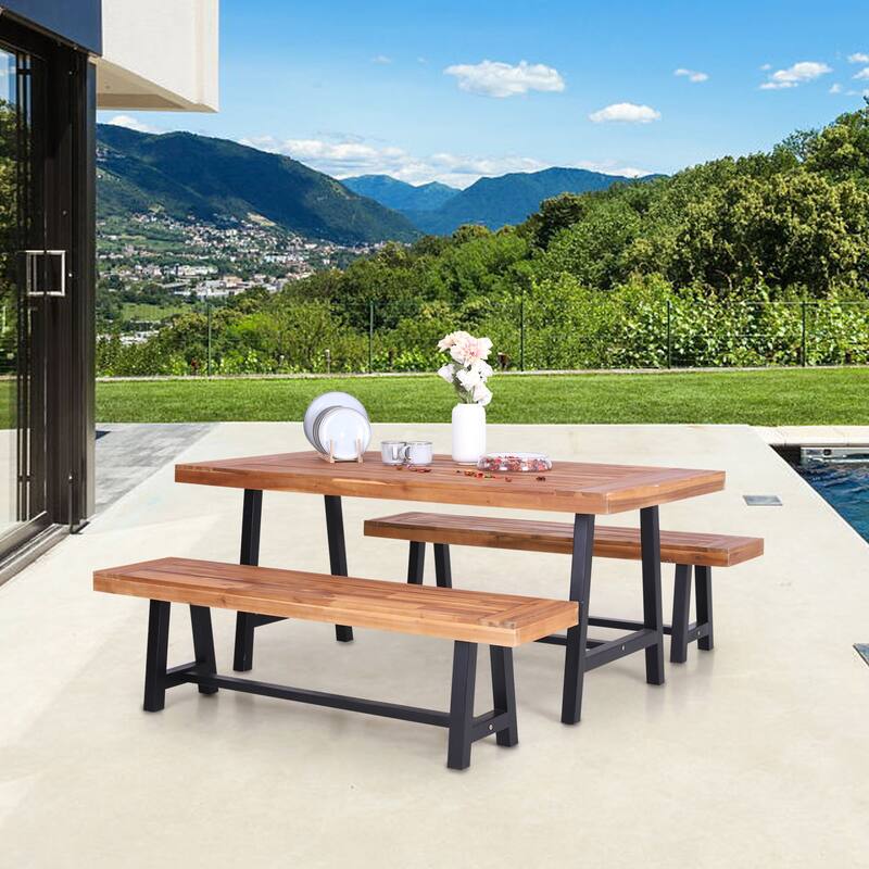 MAISON ARTS Sophia & William 3-Piece Patio Wooden Dining Set, 1 Wooden Table and 2 Wooden Benches