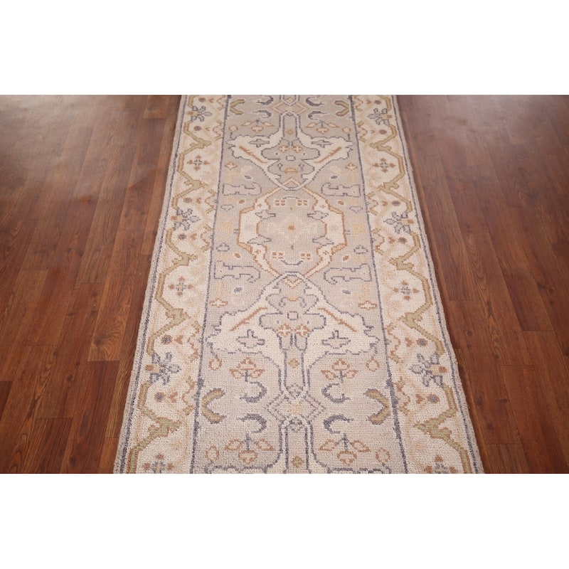 Ivory & Beige Oushak Indian Runner Rug Hand-Knotted Wool Carpet - 2'8"x 9'10"