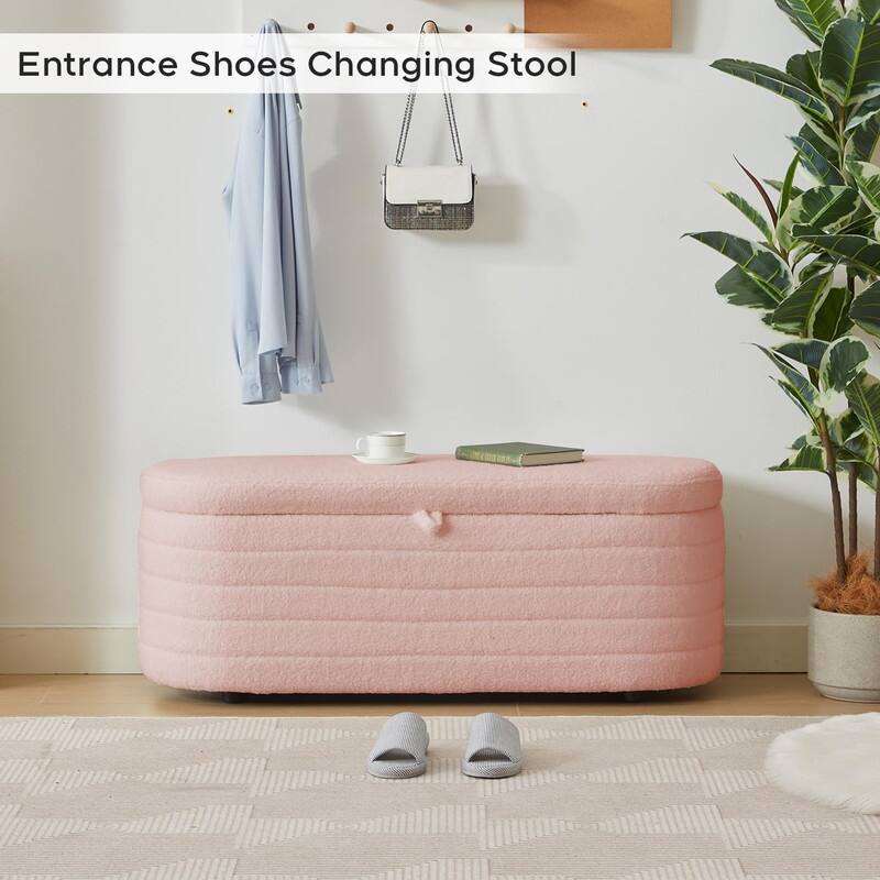 45" White Teddy Storage Ottoman Bench for Living Room Bedroom,Oval Sherpa Storage Bench Ottoman Foot Rest Anti-slip Legs