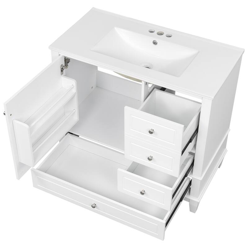 36" Bathroom Vanity with Ceramic Sink - MDF & Solid Wood Base, 3 Drawers & Storage Cabinet, Freestanding Design, 4" Faucet Holes