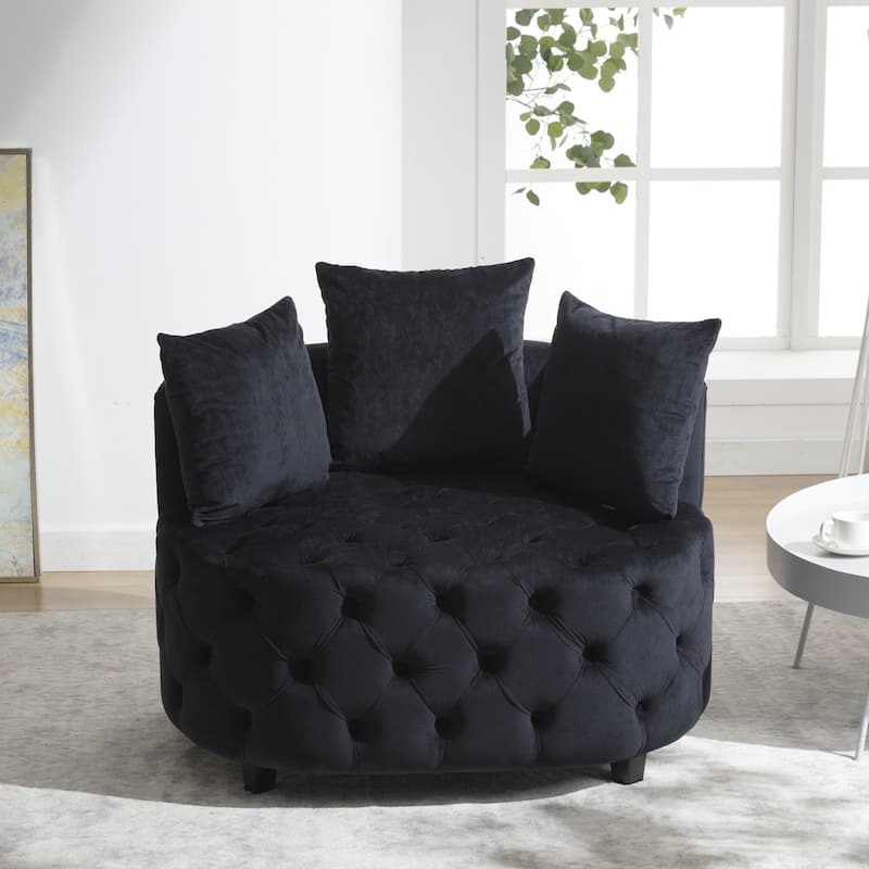 Black Modern 24" Velvet Upholstered Buttons Tufted Barrel Chair with Pillows - Black