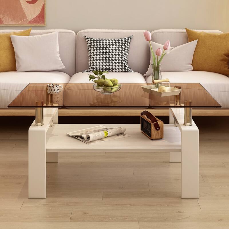 Rectangle Coffee Table, Tempered Glass Tabletop with MDF Layer, Modern Table for Living Room , Brown Glass - Brown+White