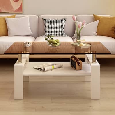 Rectangle Coffee Table, Tempered Glass Tabletop with MDF Layer, Modern Table for Living Room , Brown Glass