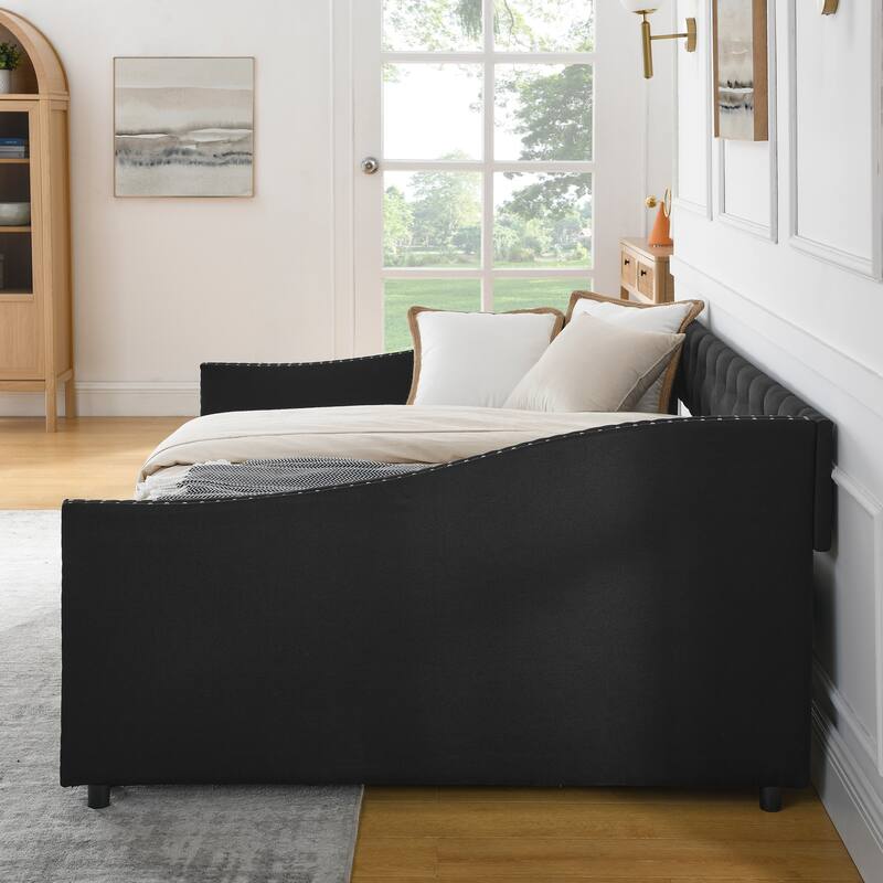 Tufted Button Daybed with 2 Storage Drawers/Upholstered Sofa Bed Frame w/Copper Nail on Waved Shape Armrests/No Spring Box Need