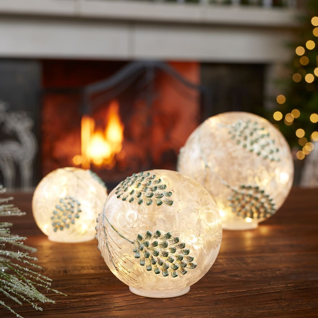 LED Lighted Frosted Pinecone Globe Christmas Decorations - 8" - White - Set of 3