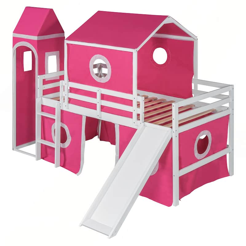 Twin Size Loft Bed with Slide Tent and Tower