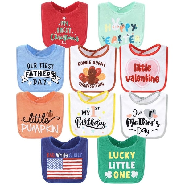 slide 2 of 6, The Peanutshell Baby First Holiday Bibs Set for Boys or Girls, Terry Cloth, Feeding, Drooling, 10 Pack