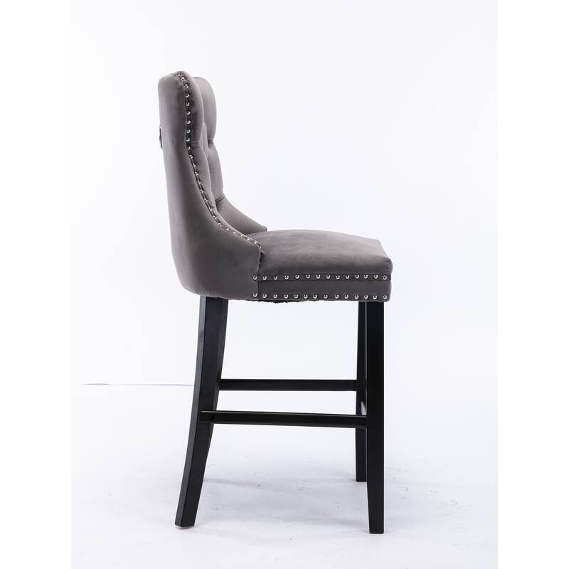 2 Velvet Upholstered Barstools with Button Tufted and Wooden Legs, and Chrome Nailhead Trim - N/A - Grey