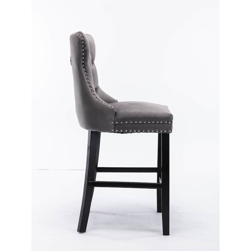 Contemporary Velvet Upholstered Barstools with Button Tufted Decoration and Wooden Legs, and Chrome Nailhead Trim,Set of 2