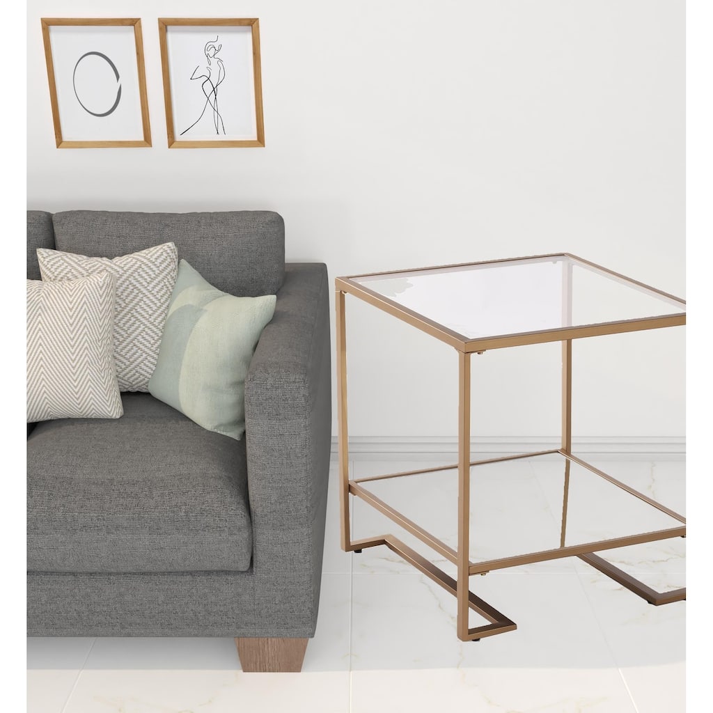 HomeRoots 24" Gold Glass And Iron Square Mirrored End Table With Shelf - 22' X '24' X '22