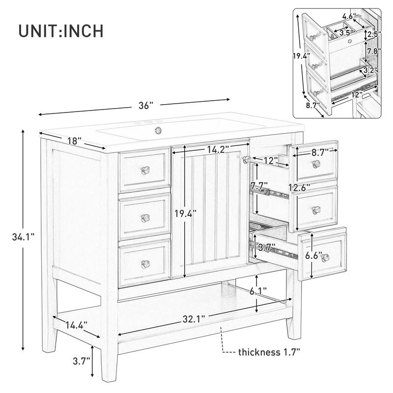 36" Bathroom Vanity with Sink Combo, One Cabinet and Three Drawers, Solid Wood and MDF Board