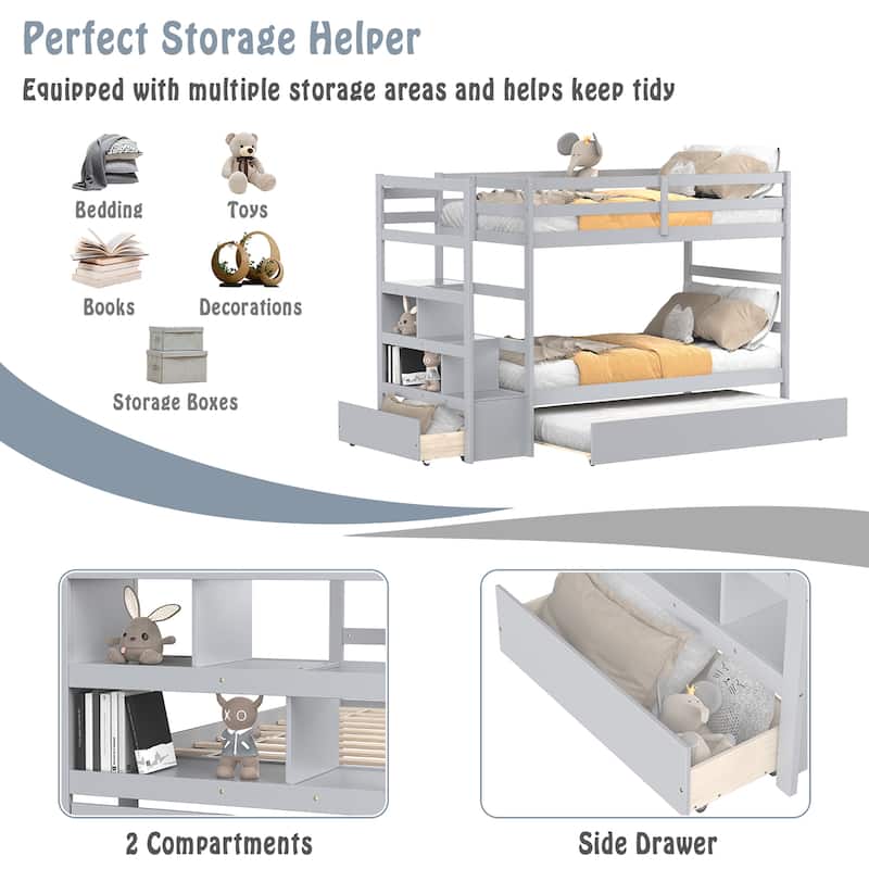 Costway Twin Over Twin Bunk Bed with Trundle Stairway and Storage - 39'' x 75''