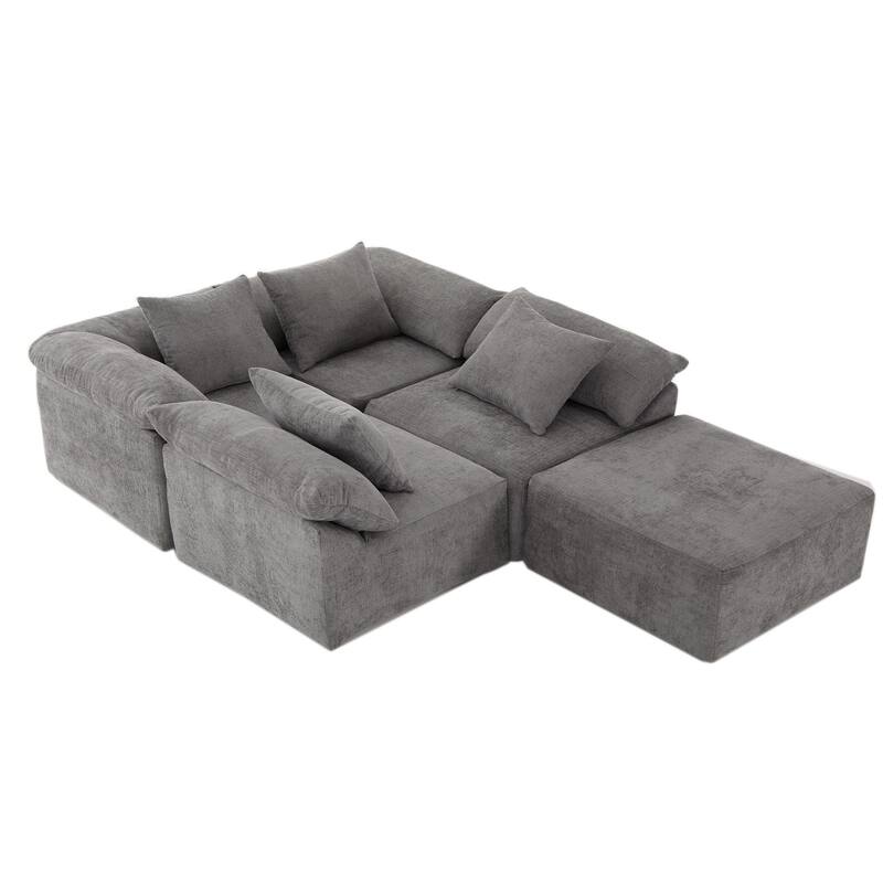 142" Chenille L-Shaped Modular Sofa with Sleeper & Ottoman