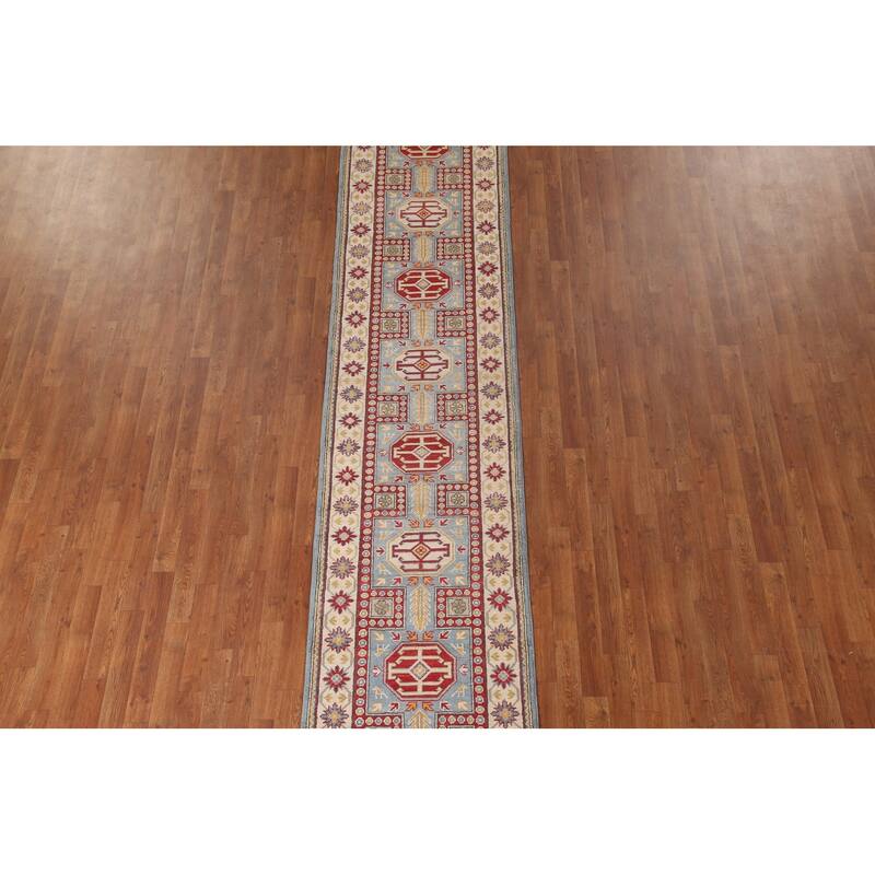 Light Blue Kazak Runner Rug Hand-Knotted Oriental Wool Carpet - 2'7" x 13'0"