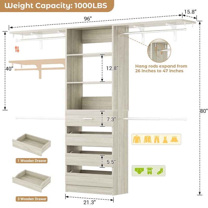 96'' Closet Organizer System with Wood Drawers, Wardrobe with Storage Shelves and 4 Hanging Rods