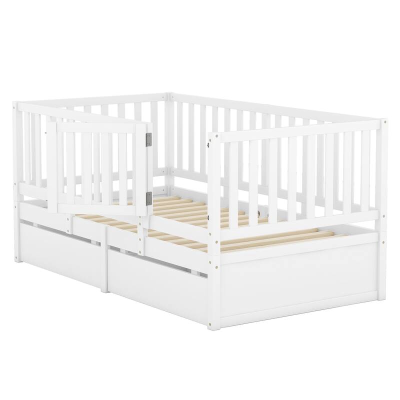 Modern Wood Daybed with Fence Guardrails and 2 Drawers