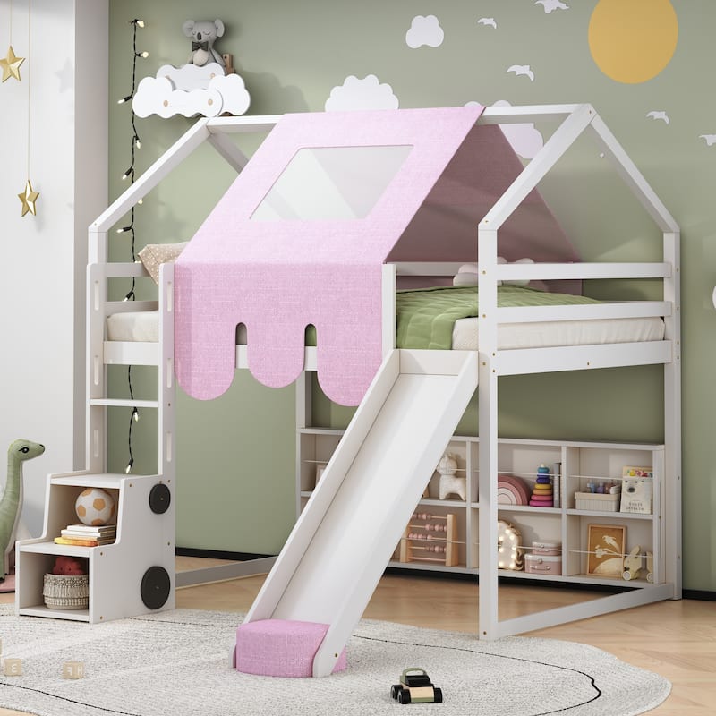 House-Shaped Wooden Loft Bed with Tent, Slide & Storage - Twin/Full Size in White & Pink - White