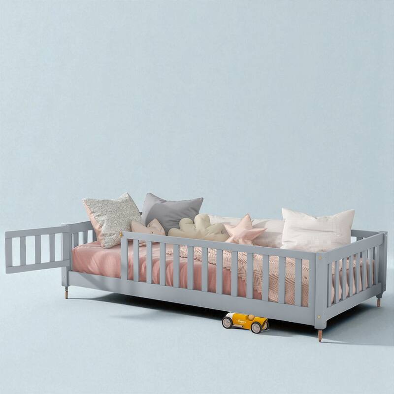 Twin Size Floor Bed with Fence and Door, Rubber Wood Frame with Safety Guardrails