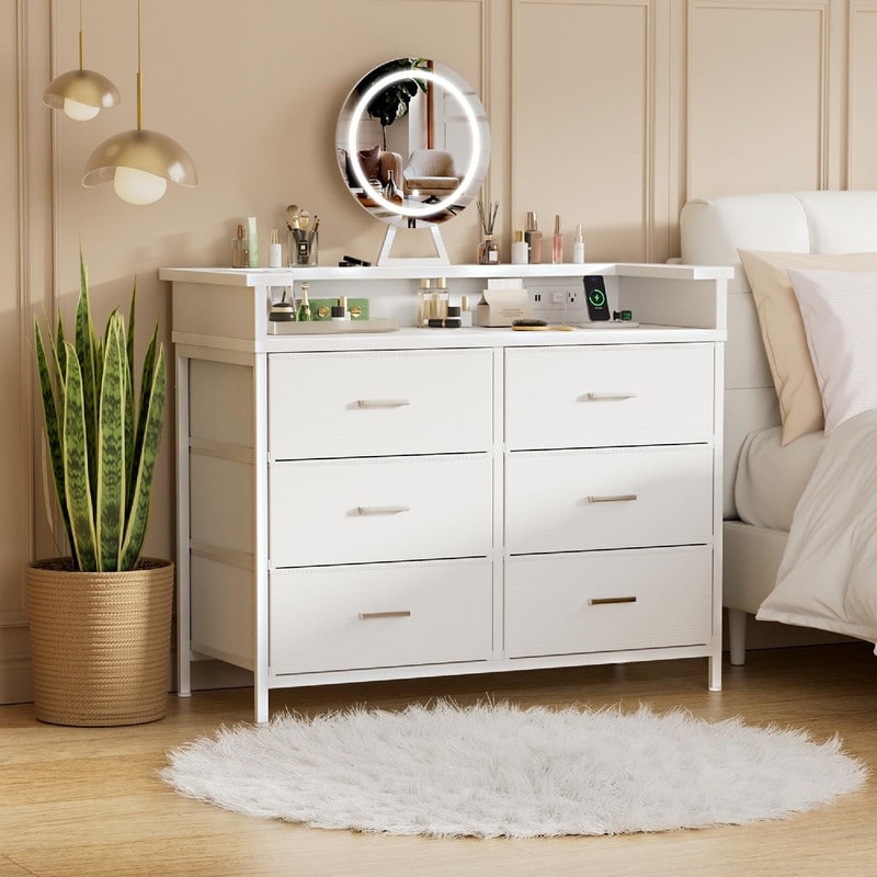 white dresser w mirror Caraway 6-drawer with – Home Furniture, TN Constructed from wood with a high gloss white finish Horizons Dresser and Mirror -