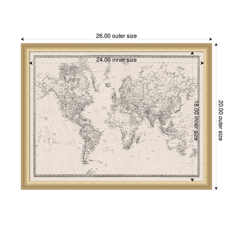 Kate and Laurel Framed Fabric Pinboard Vintage Black and White Linen World Map Wall Organization