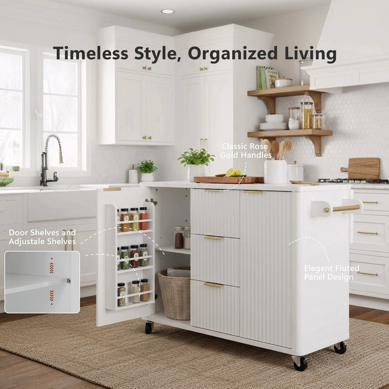 55.5" Fluted Kitchen Island with Drop Leaf and Storage Features Power Outlet and Adjustable Shelves
