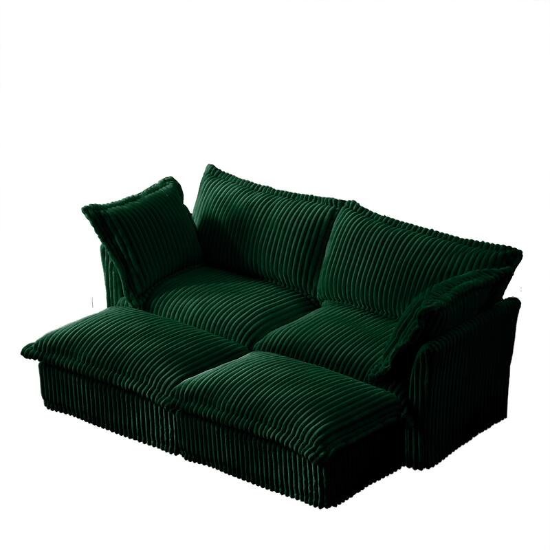 83.4" Corduroy 2-Seater Sofa Set with 2 Ottomans & Sleeper Function and Removable Slipcovers