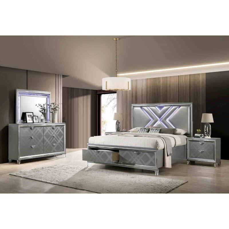 Contemporary Silver Finish 4-Piece Bedroom Set LED Padded Bed Nightstand Dresser Mirror