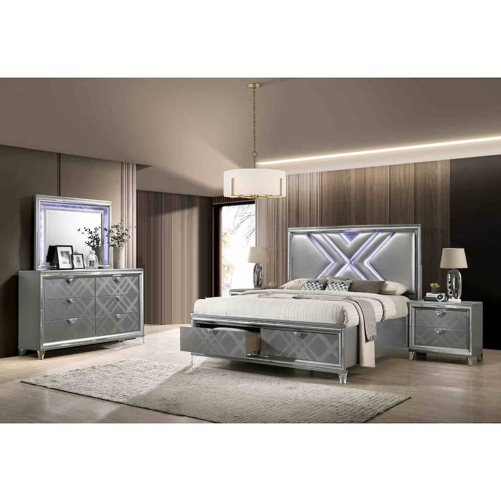 Contemporary Silver Finish 4-Piece Bedroom Set LED Padded Bed Nightstand Dresser Mirror