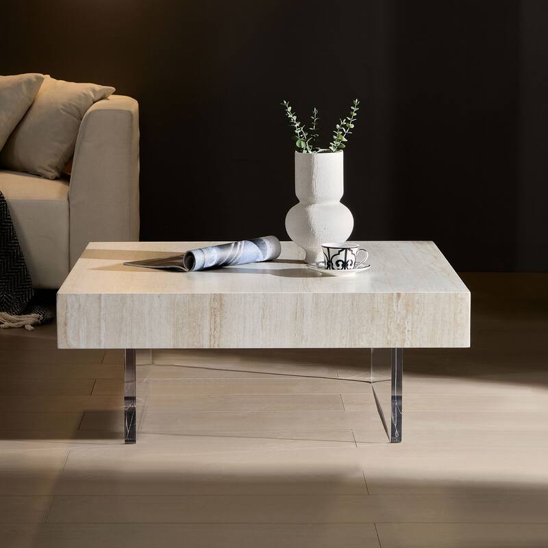 Square Faux Travertine Pattern Coffee Table with Acrylic Legs