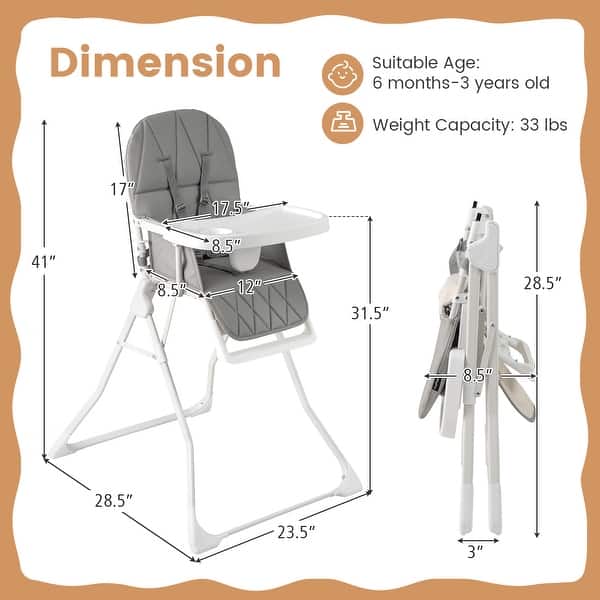 dimension image slide 0 of 2, Gymax Foldable High Chair Easy Clean Compact Highchair w/ Removable