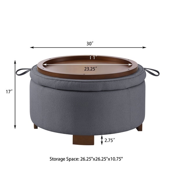 dimension image slide 6 of 10, 30" Round Boucle Storage Ottoman with Reversible Tray Lid & Wood Legs