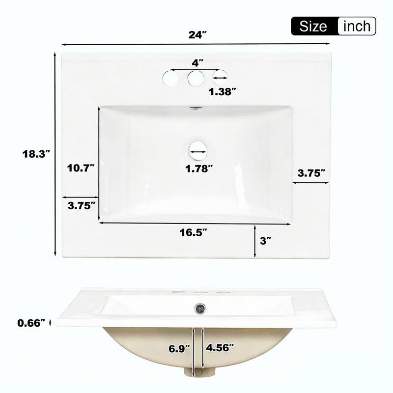24" Modern Bathroom Vanity with Ceramic Sink, Soft-Close Door, 3 Drawers, Gold Handles & Door Rack
