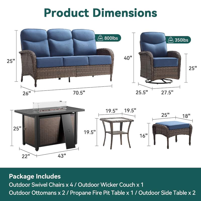 Pocassy Outdoor Sofa Swivel Chair and Ottman with 43in Fire Pit Table