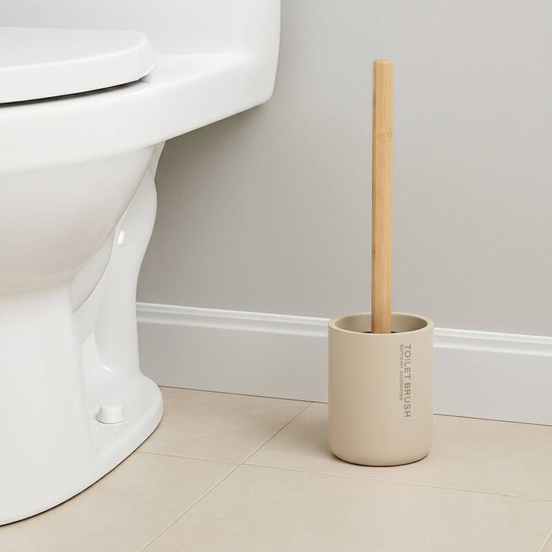 Chic Matte Toilet Brush Holder Set with Natural Bamboo Handle - 4 L x 4 W x 14.8 H - Beige