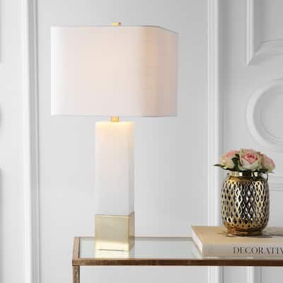 Jeffrey 29" Metal/Marble LED Table Lamp, Brass Gold/White by JONATHAN Y