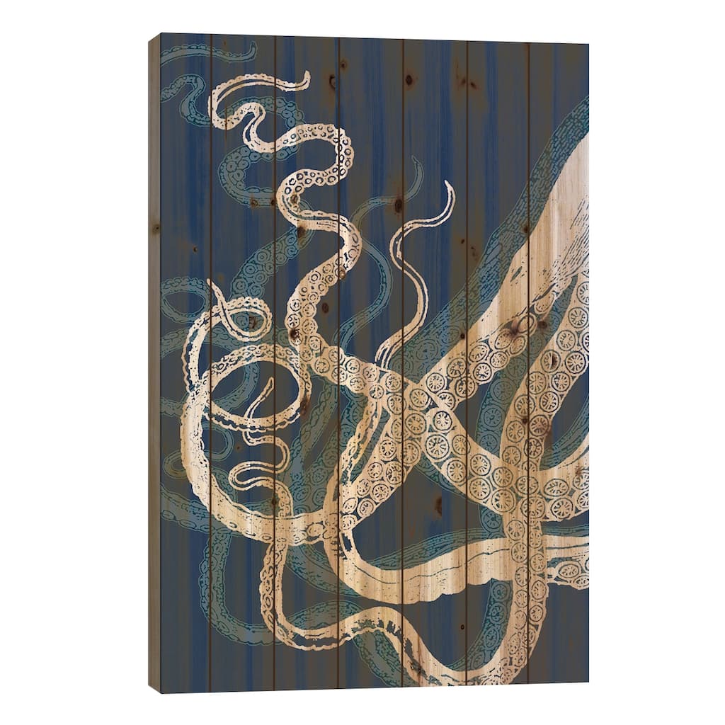 Octopus Tentacles, Blue & White Print On Wood by Fab Funky - Multi-Color