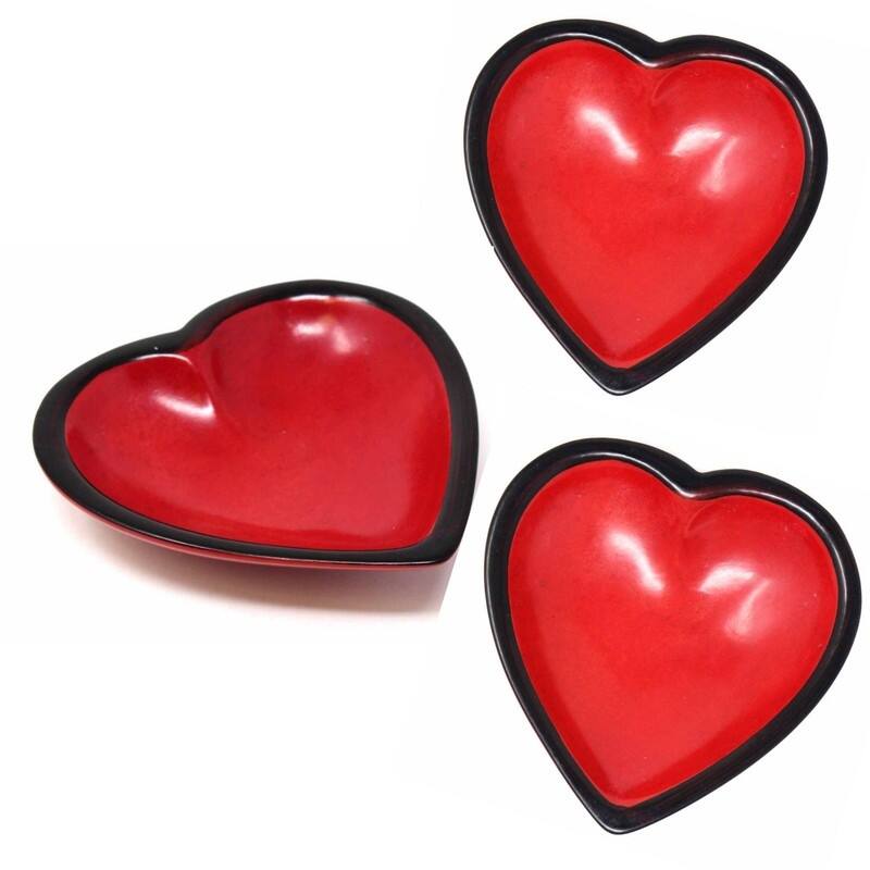 Handmade Small Soapstone Heart Trinket Dishes, Set of 3 (Kenya) - Modern Style Red