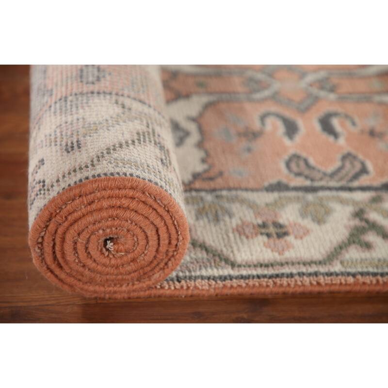 Floral Peach Oushak Style Runner Rug Hand-knotted Wool Carpet - 2'7"x 8'2"
