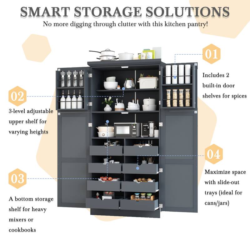 35.5 Inch Freestanding Kitchen Pantry Cabinet with 4 Doors, 8 Pull-Out Trays, Adjustable Shelves, Tall Dining Storage Organizer