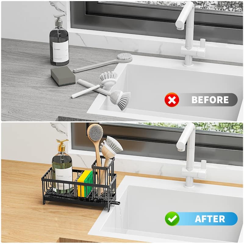 Black 304 Steel Sink Caddy w/Tall Brush & Sponge - Rustproof