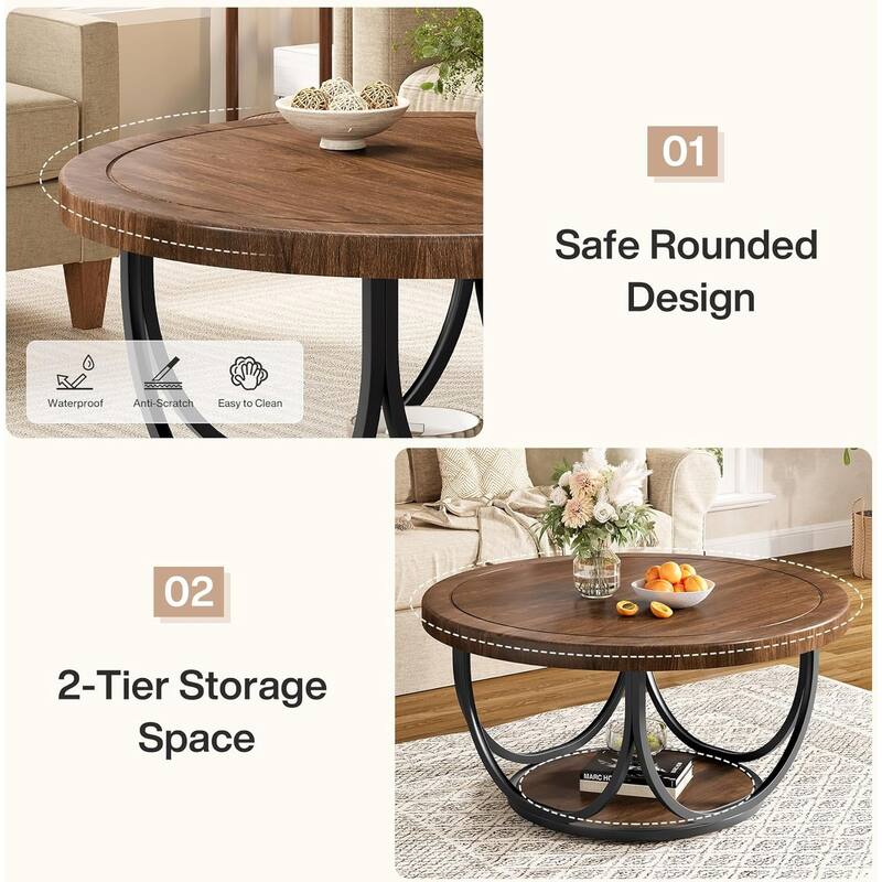 35.4" Round Coffee Table with 2 Tiers, Wooden Circle Accent Cocktail Table with Storage Shelf and Metal Frame