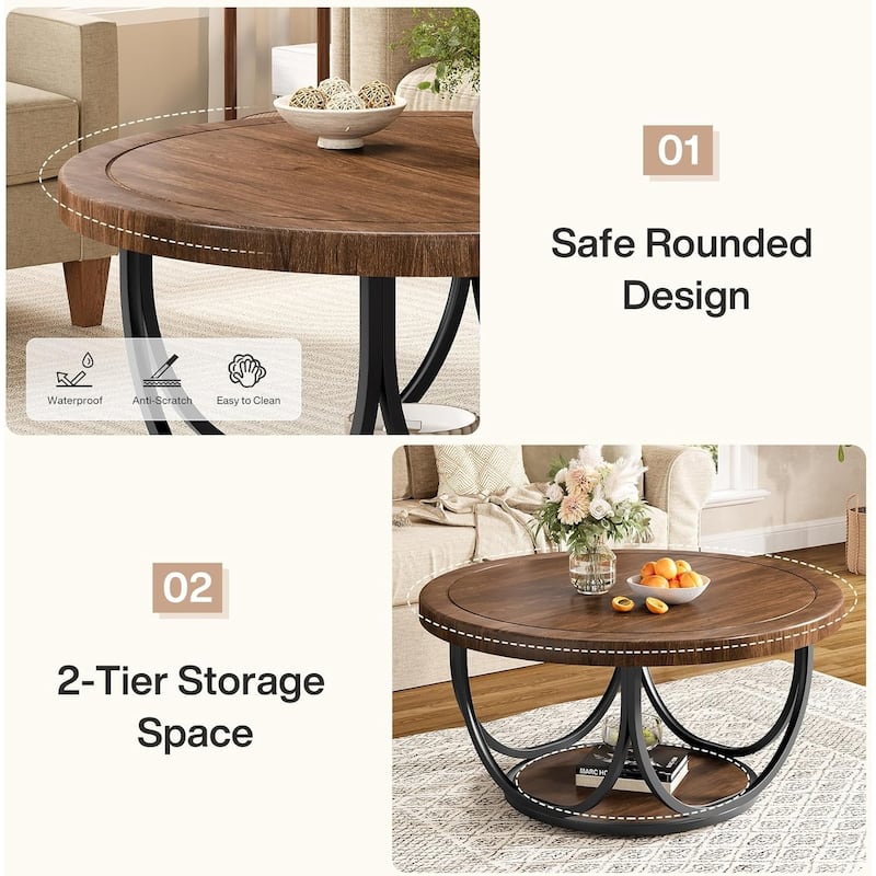 Round Coffee Table with 2 Tiers Storage, 35.4" Wooden Cocktail Table