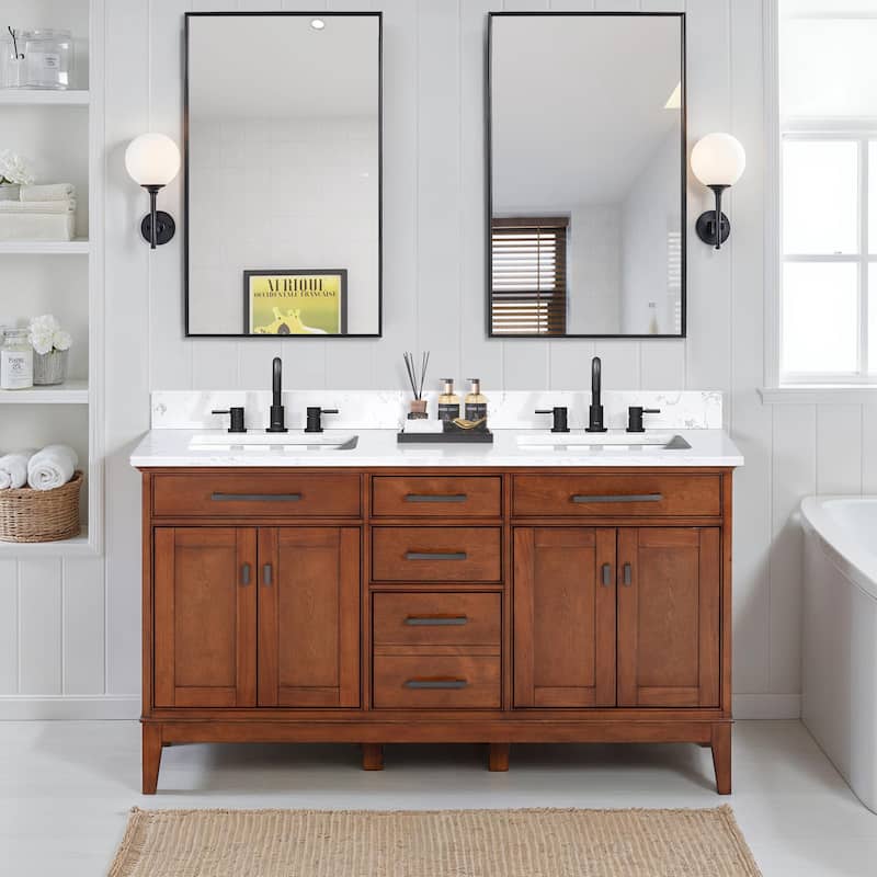 Madison 60 in. Double Sink Bathroom Vanity with Engineered Stone Top - 61" x 22"D x 35"H