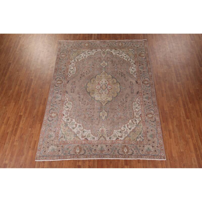 Brown Tabriz Persian Vintage Area Rug Hand-Knotted Wool Carpet - 8'0" x 10'11"