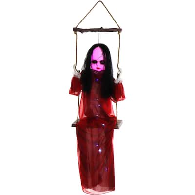 Haunted Hill Farm Giggles the Giggling Zombie Girl on a Swing with Colorful Light-Up Body and Eyes for Halloween Decoration