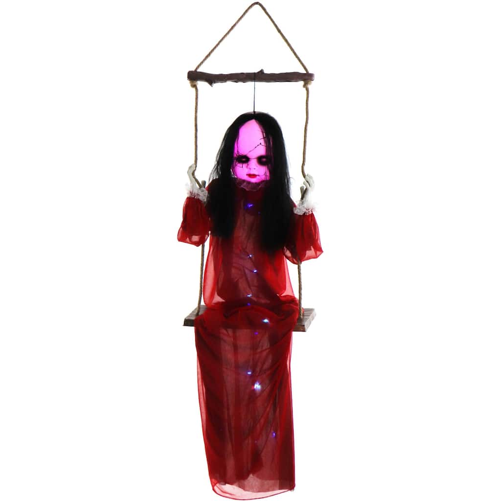 Haunted Hill Farm Giggles the Giggling Zombie Girl on a Swing with Colorful Light-Up Body and Eyes for Halloween Decoration