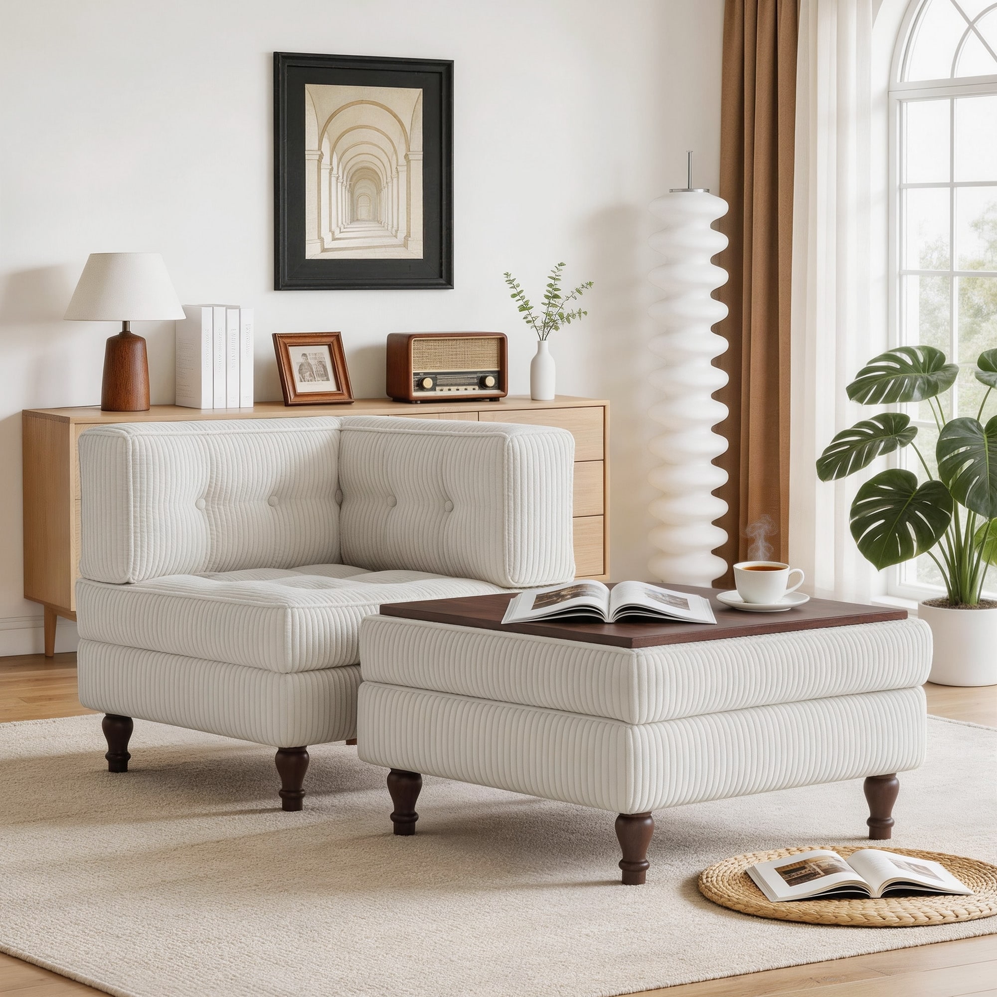 Corduroy L-shape Modular Corner Sectional Sofa with Reversible Storage Ottoman